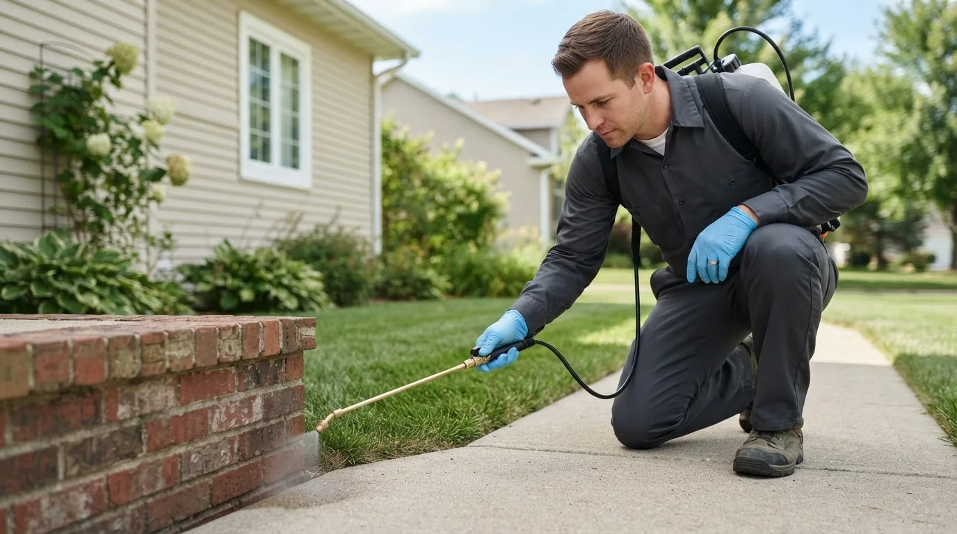 Pest control technician treating a home near Skaneateles, NY