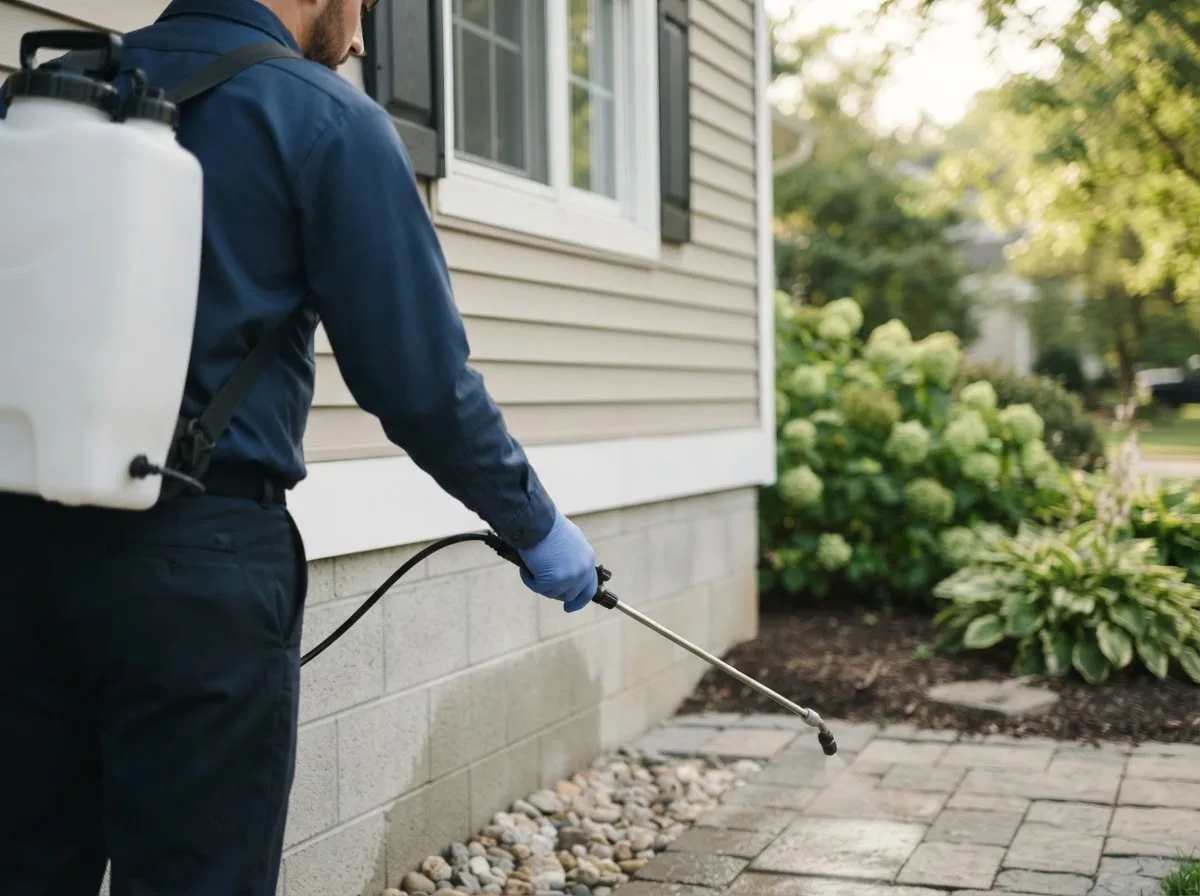 Pest control technician inspecting a home in Skaneateles, NY